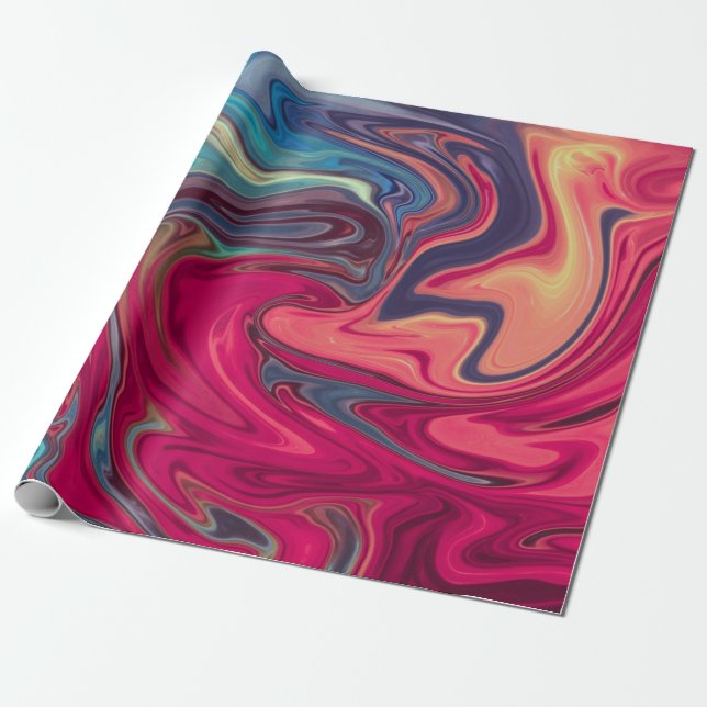 Modern Abstrakt Blue och Red Liquid Marble Artwork Presentpapper (Utrullad)