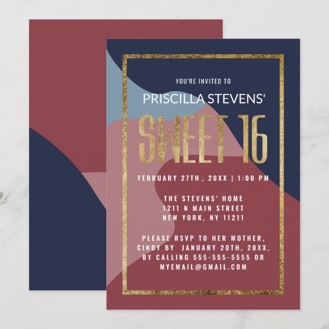 Modern Abstrakt Blue Rosa Guld Geometric Sweet 16 Inbjudningar (Fram/baksida)