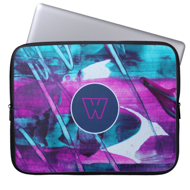 Modern Abstrakt Blue Rosa Push Strokes Monogram Laptop Fodral (Framsidan)