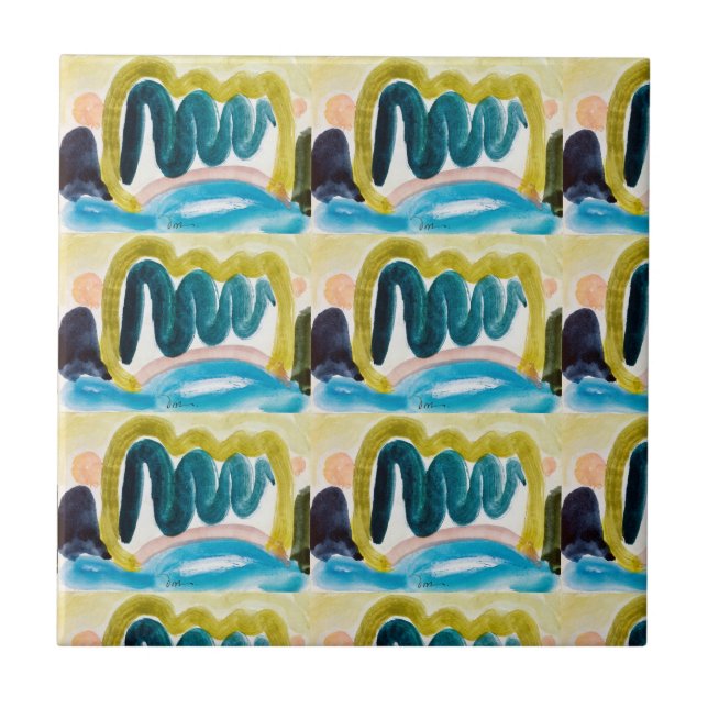 Modern Abstrakt Blue, Teal & Gult Guld keramik Kakelplatta (Framsidan)