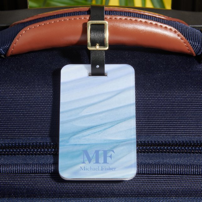 Modern Abstrakt Blue Watercolor Mönster - Monogram Bagagebricka (Framsida Insitu 2)