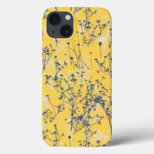 Modern Abstrakt Blue Wildblommor på Mustard Gult