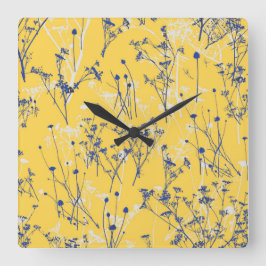 Modern Abstrakt Blue Wildblommor på Mustard Gult Fyrkantig Klocka