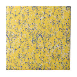 Modern Abstrakt Blue Wildblommor på Mustard Gult Kakelplatta