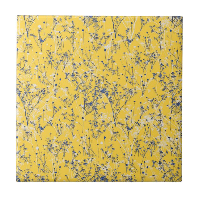 Modern Abstrakt Blue Wildblommor på Mustard Gult Kakelplatta (Framsidan)