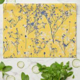 Modern Abstrakt Blue Wildblommor på Mustard Gult Kökshandduk