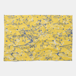 Modern Abstrakt Blue Wildblommor på Mustard Gult Kökshandduk