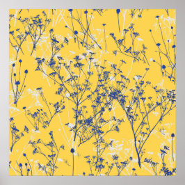 Modern Abstrakt Blue Wildblommor på Mustard Gult Poster