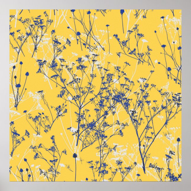 Modern Abstrakt Blue Wildblommor på Mustard Gult Poster (Framsidan)