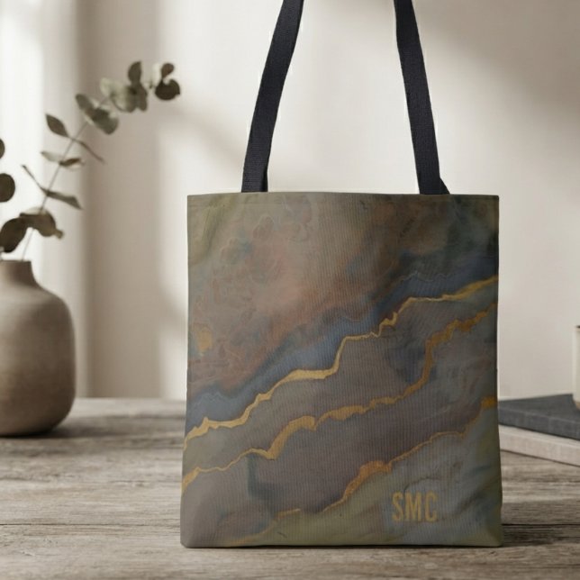 Modern Abstrakt Brons Skiffer Monogram Tygkasse (Refined abstract monogram tote bag for the stylish professional commuter upgrading daily wear.)