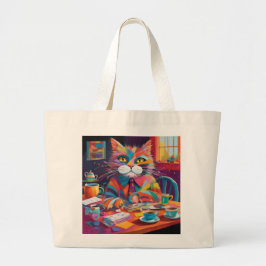 Modern Abstrakt Cat Enjoying Coffee Jumbo Tote Jumbo Tygkasse