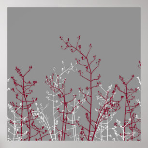 Modern Abstrakt Elegant Burgundy Flowers på Gråt Poster