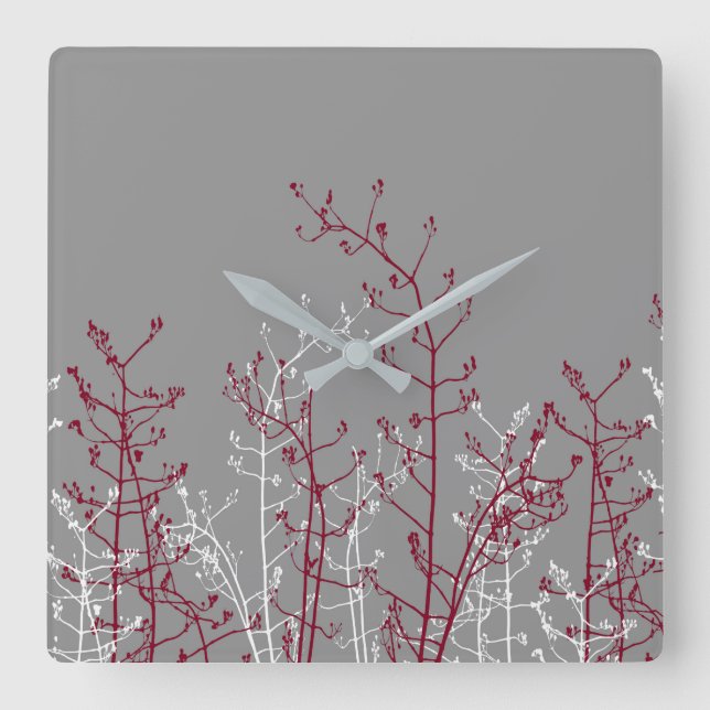 Modern Abstrakt Elegant Burgundy Flowers på Grått Fyrkantig Klocka (Framsida)