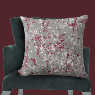 Modern Abstrakt Elegant Wildblomme Grått Burgundy Kudde