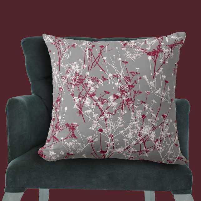 Modern Abstrakt Elegant Wildblomme Grått Burgundy Kudde (Skapare uppladdad)