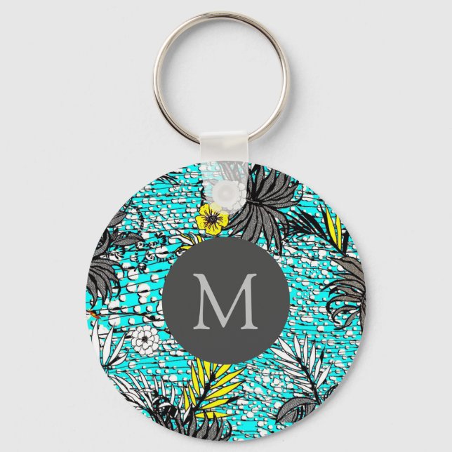 Modern Abstrakt Exotic Blommigt Art Monogram Nyckelring (Baksida)