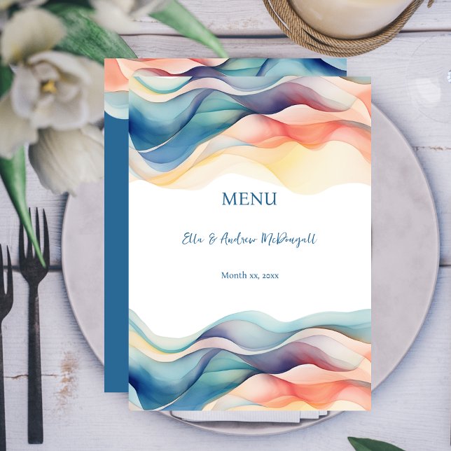 Modern Abstrakt Färg Våg Blå Bröllop Meny (Modern Abstract Color Wave Wedding Reception Menu Card)