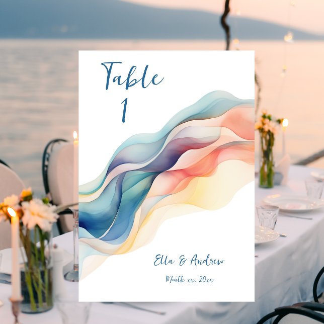 Modern Abstrakt Färg Våg Blå Vit Bröllop Bordsnummer (Modern Abstract Wedding Design Wedding Table Card)