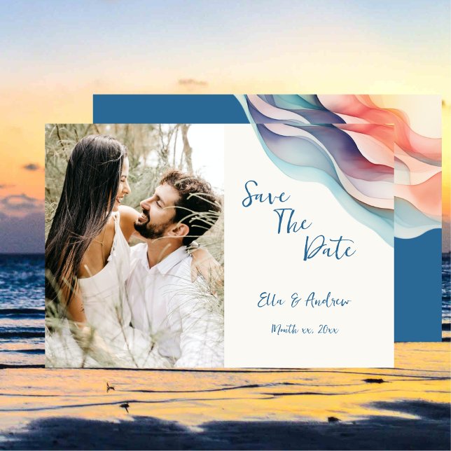 Modern abstrakt färgvåg, Foto Spara Datumet (Modern Abstract Color Wave Photo Wedding Save The Date Card)