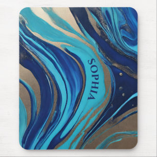 Modern Abstrakt Flow Art- Blue och Guld Musmatta