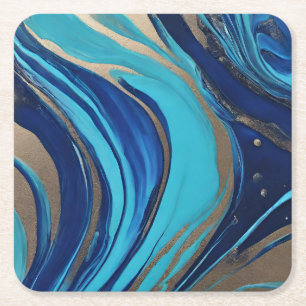 Modern Abstrakt Flow Art-Blue och Guld Underlägg Papper Kvadrat