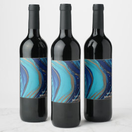Modern Abstrakt Flow Art- Blue och Guld Vinflaska Etikett
