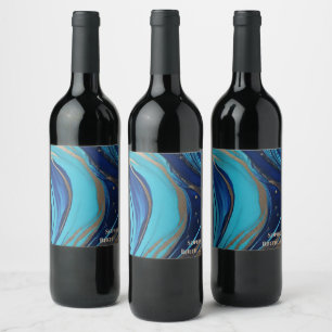 Modern Abstrakt Flow Art- Blue och Guld Vinflaska Etikett