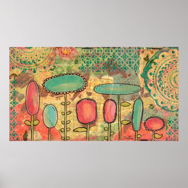 Modern Abstrakt Flowers Mixed Media Painting Art Poster (Framsidan)