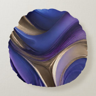 Modern Abstrakt-Fluid Art-Blue-Lila och Guld Rund Kudde