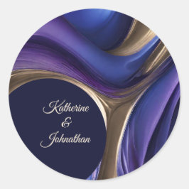 Modern Abstrakt Fluid Art Blue Lila och Guld Runt Klistermärke