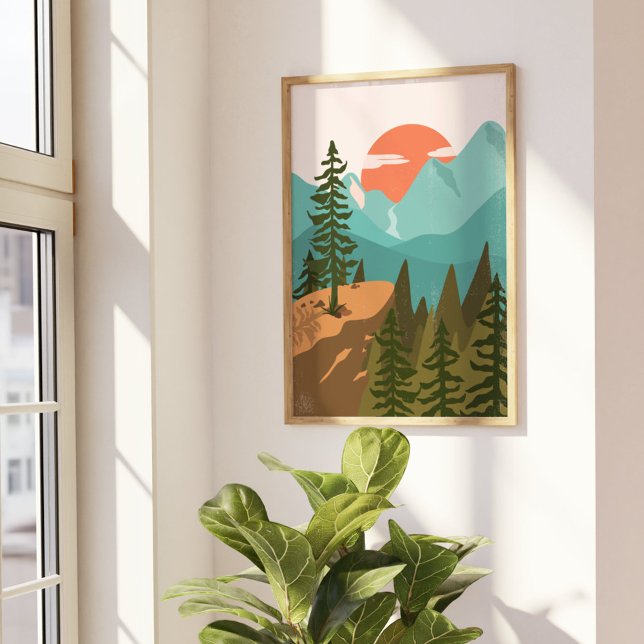 Modern Abstrakt Forest, Mountain och Sunrise Poster (In situ Beside the window)
