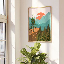 Modern Abstrakt Forest, Mountain och Sunrise Poster