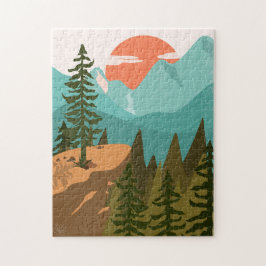 Modern Abstrakt Forest, Mountain och Sunrise Pussel