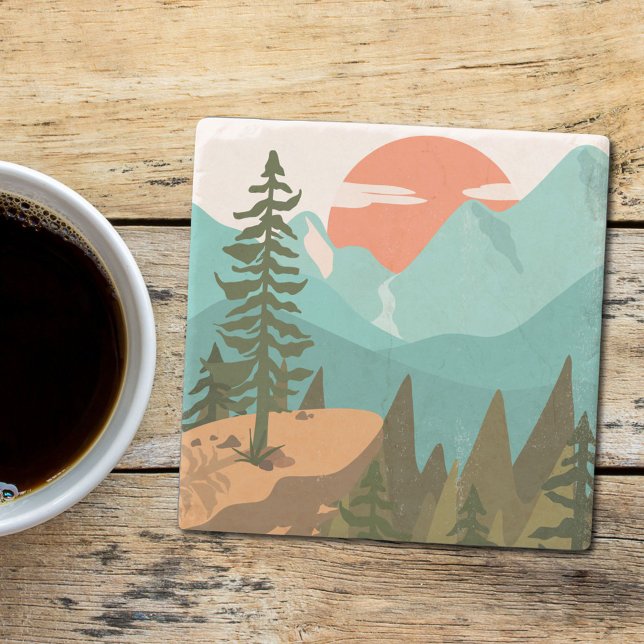 Modern Abstrakt Forest, Mountain och Sunrise Stenunderlägg (In situ)