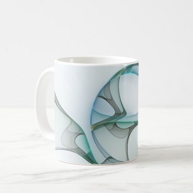 Modern Abstrakt Fractal Art Blue Turcos Grått Kaffemugg (Framsida vänster)