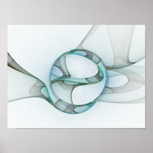 Modern Abstrakt Fractal Art Blue Turcos Grått Poster