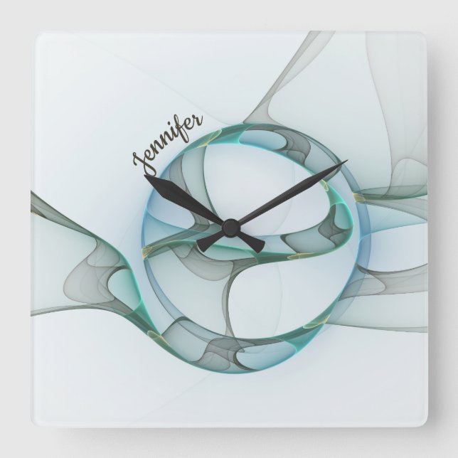 Modern Abstrakt Fractal Blue Turcos Grått Namn Fyrkantig Klocka (Framsida)