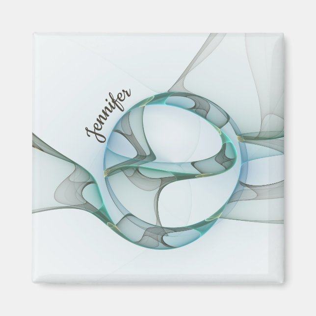Modern Abstrakt Fractal Blue Turcos Grått Namn Magnet (Framsidan)