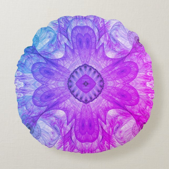 Modern Abstrakt Fractal Rosa och Blue Design Rund Kudde (Framsidan)