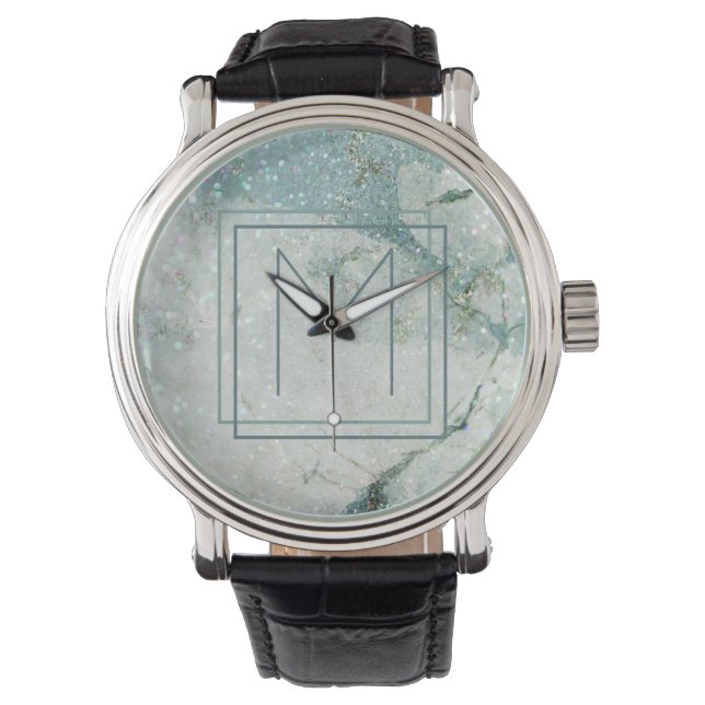 Modern Abstrakt Framed Monogram Teal Blue Marble Armbandsur (Framsida)