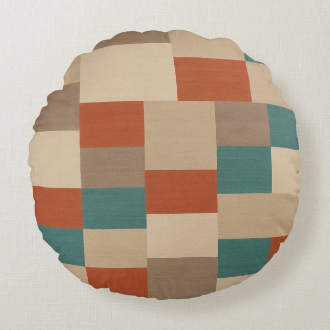 Modern Abstrakt Geometric Block i Teal & Beige Rund Kudde (Framsidan)
