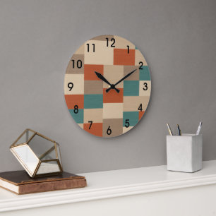 Modern Abstrakt Geometric Block i Teal & Beige Stor Klocka