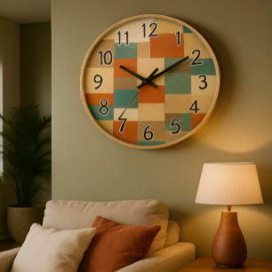 Modern Abstrakt Geometric Block i Teal & Beige Stor Klocka