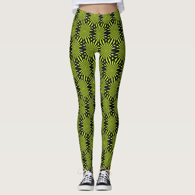 Modern Abstrakt Geometrisk Grön Svart Fyrverkeri Leggings (Framsida)