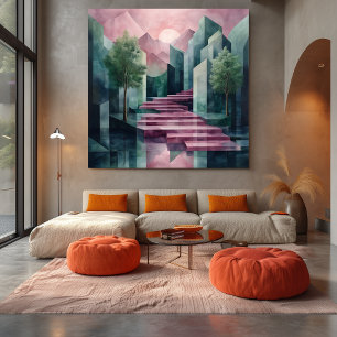 Modern Abstrakt Geometrisk Landskap Rosa & Grön Canvastryck