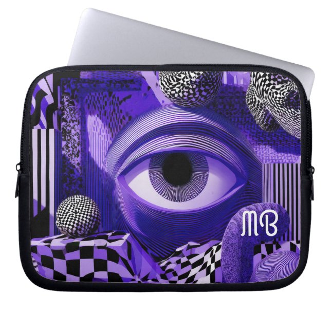 Modern Abstrakt Geometrisk Svart Vit Lila 10" Laptop Fodral (Framsidan)