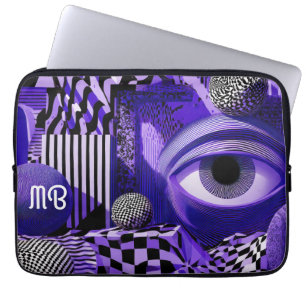 Modern Abstrakt Geometrisk Svart Vit Lila Konst Laptop Fodral