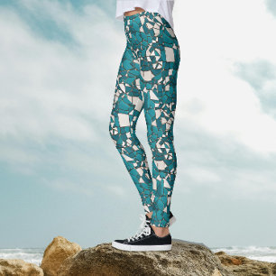 Modern Abstrakt Geometrisk Teal Krossad Glas Leggings