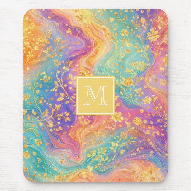 Modern Abstrakt Glitter Blommig Monogram Design Musmatta (Framsidan)