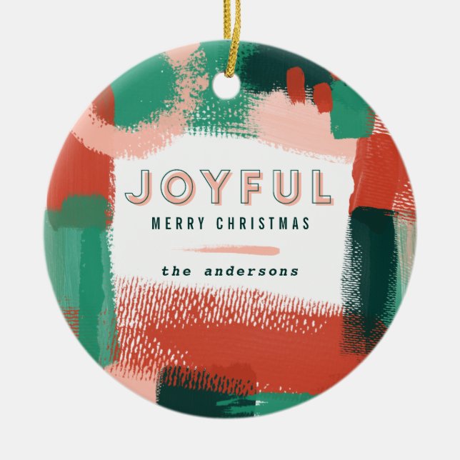 Modern abstrakt grafik röd, rosa + grönt glatt julgransprydnad keramik (Framsidan)